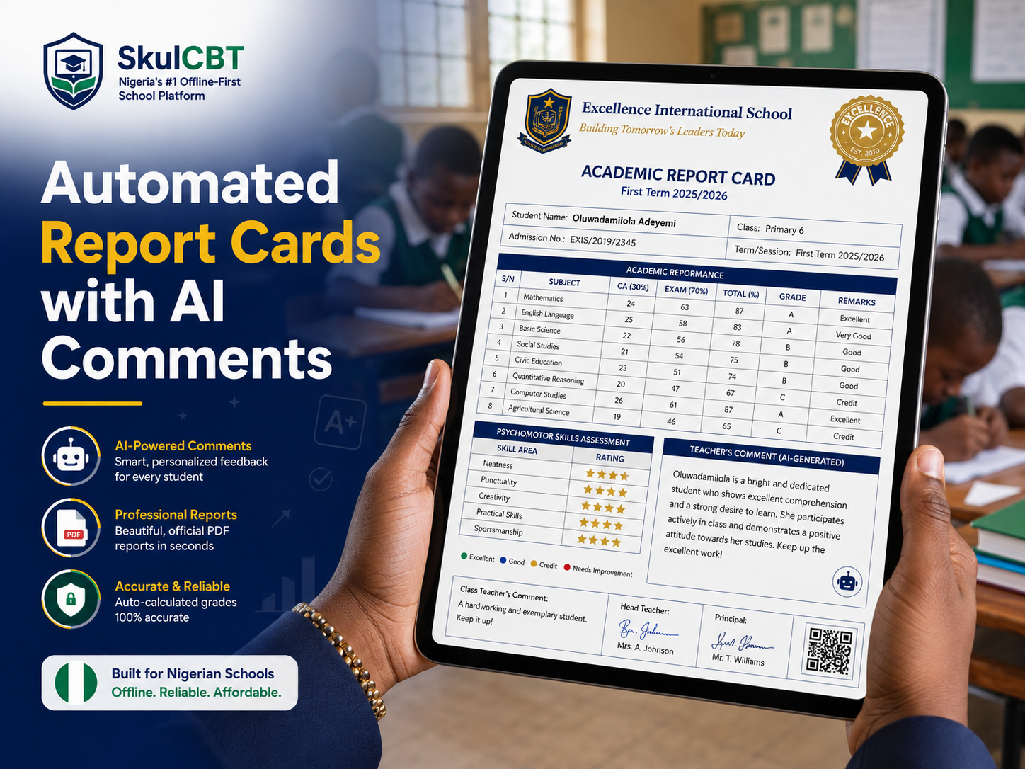 SkulCBT automated report cards with AI comments