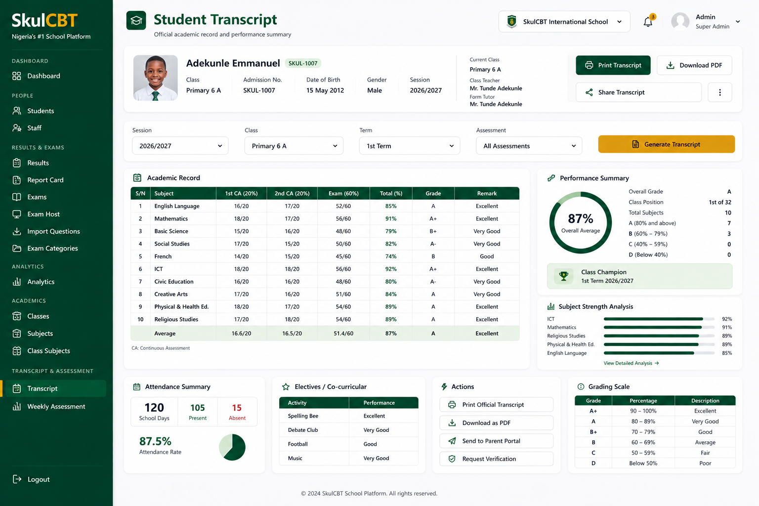SkulCBT Student Transcript full academic history